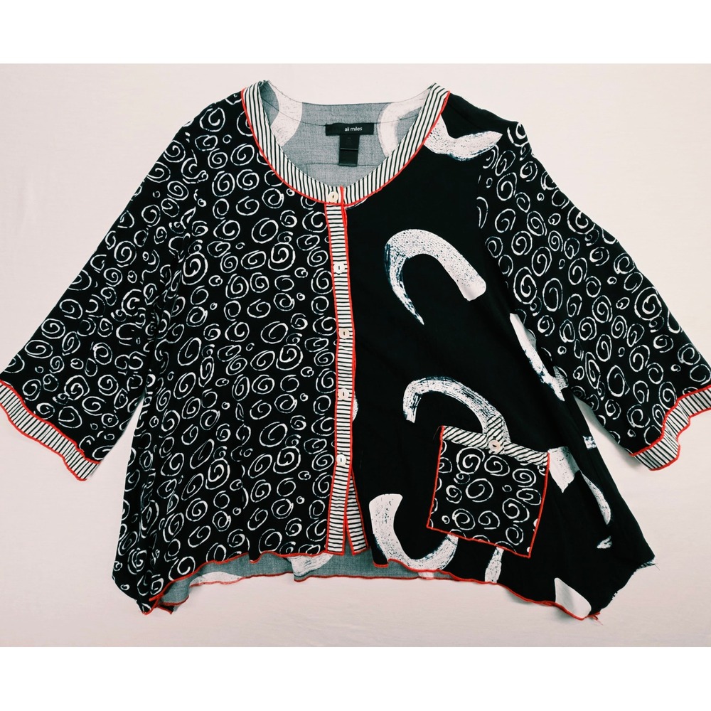 Ali Miles 1x B&W Red Artsy Art to Wear Tunic Fun Vibrant Eye Catching Relaxed